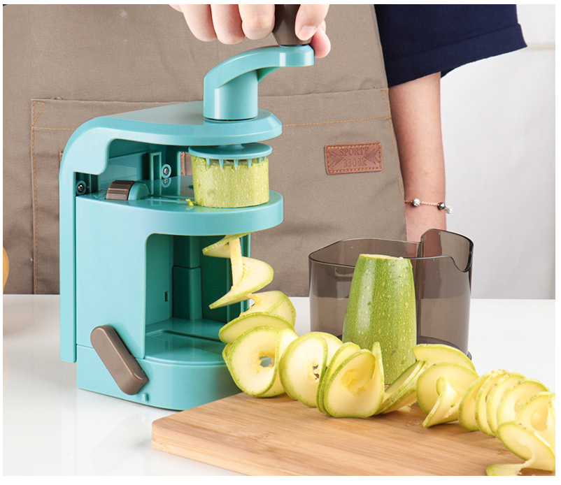 Multi-functional Vertical Spiral Hand Filament Cutter with transparent container and various vegetable slices.