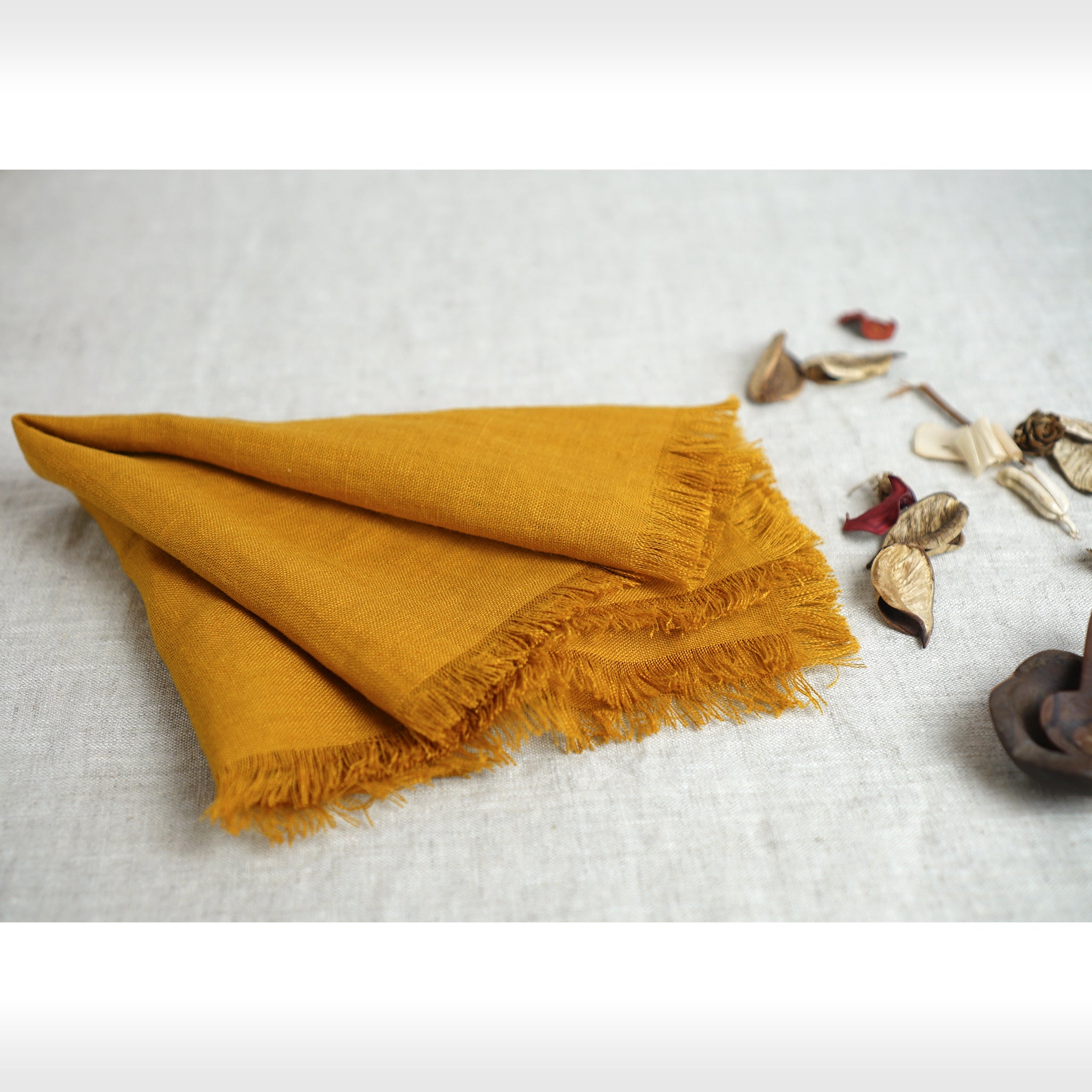 Set of two mustard linen napkins with tassels, showcasing a soft texture and elegant design, perfect for modern dining decor.