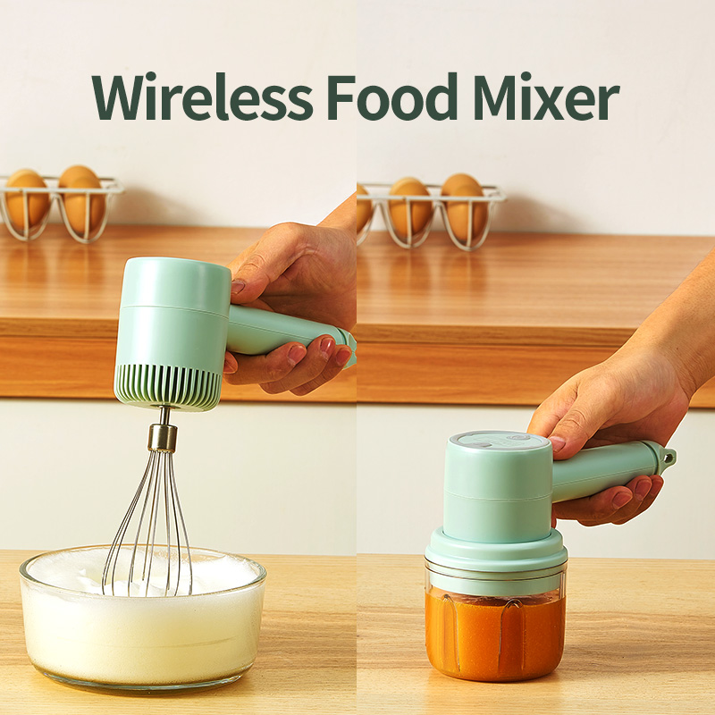 A sleek and modern rechargeable wireless egg beater with whisk and egg beater attachments, designed for home use.