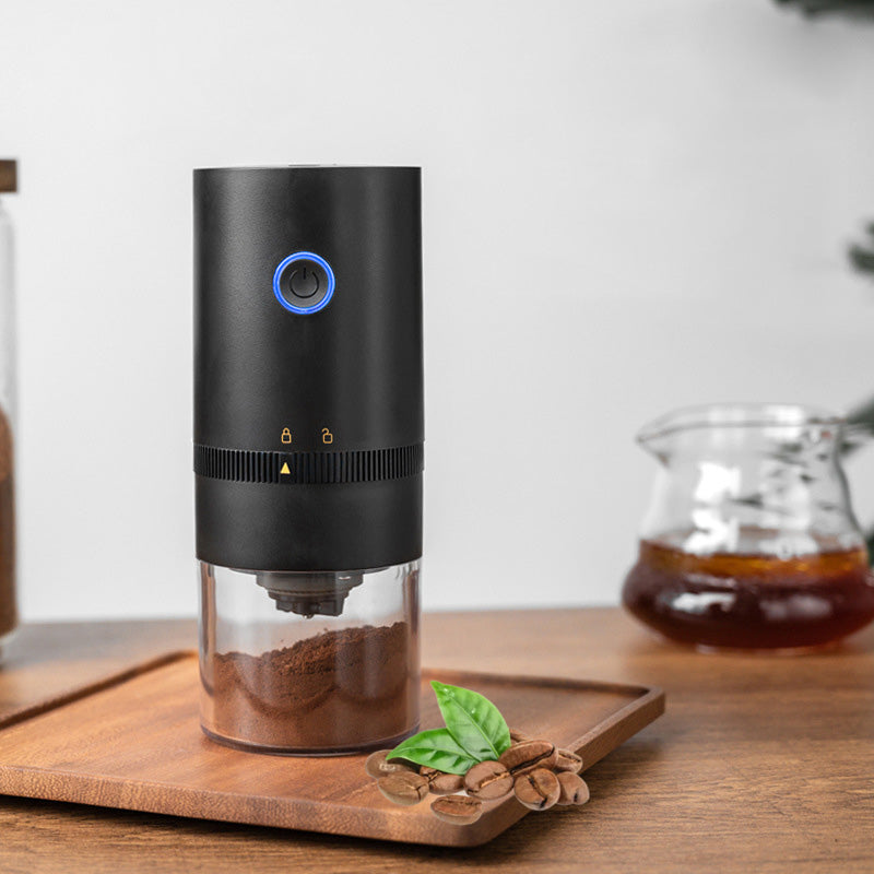 Portable Electric Coffee Grinder with TYPE-C USB, featuring a transparent chamber and adjustable grind settings.