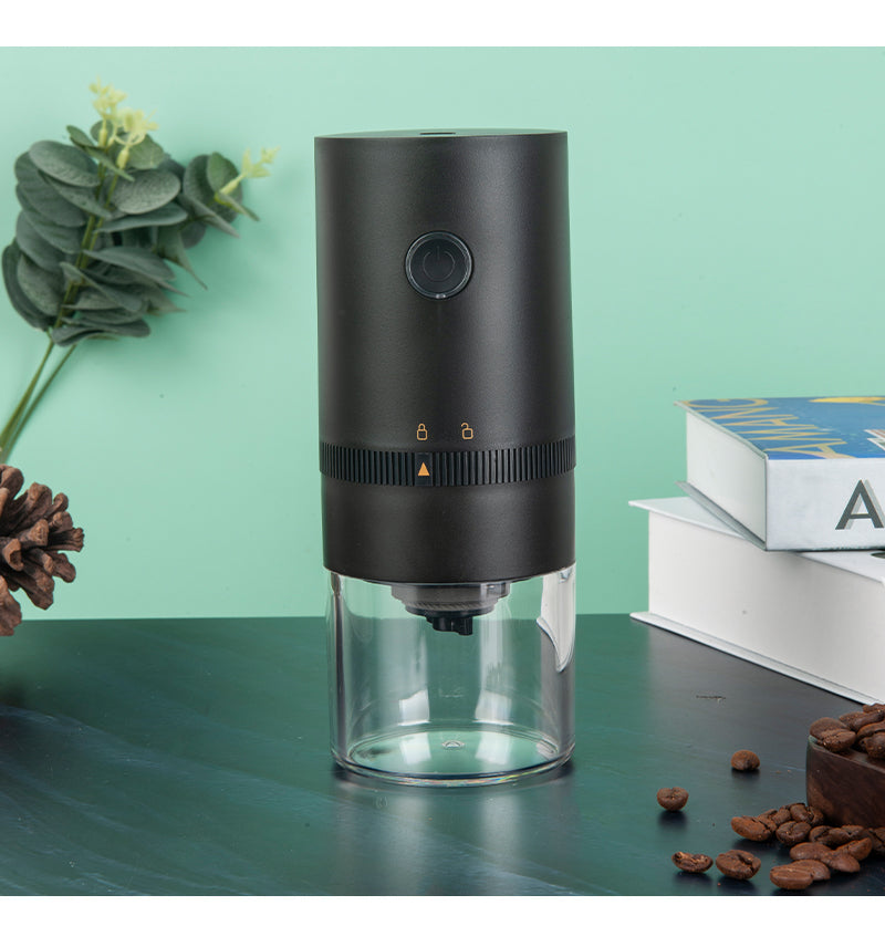 Portable Electric Coffee Grinder with TYPE-C USB, featuring a transparent chamber and adjustable grind settings.