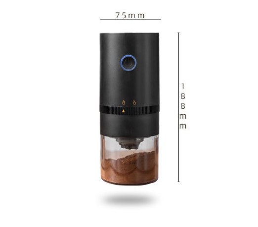 Portable Electric Coffee Grinder with TYPE-C USB, featuring a transparent chamber and adjustable grind settings.
