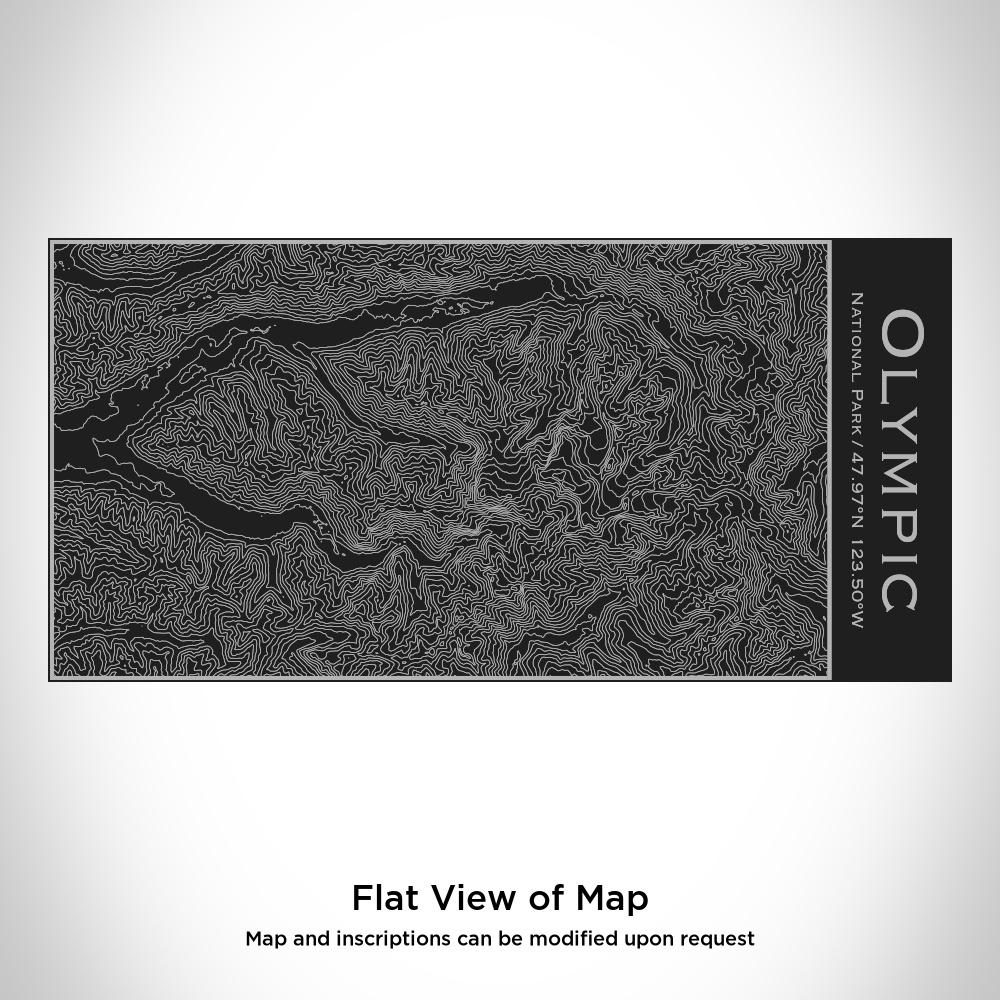 Matte black insulated stainless steel bottle featuring a custom engraved map of Olympic National Park and its coordinates.