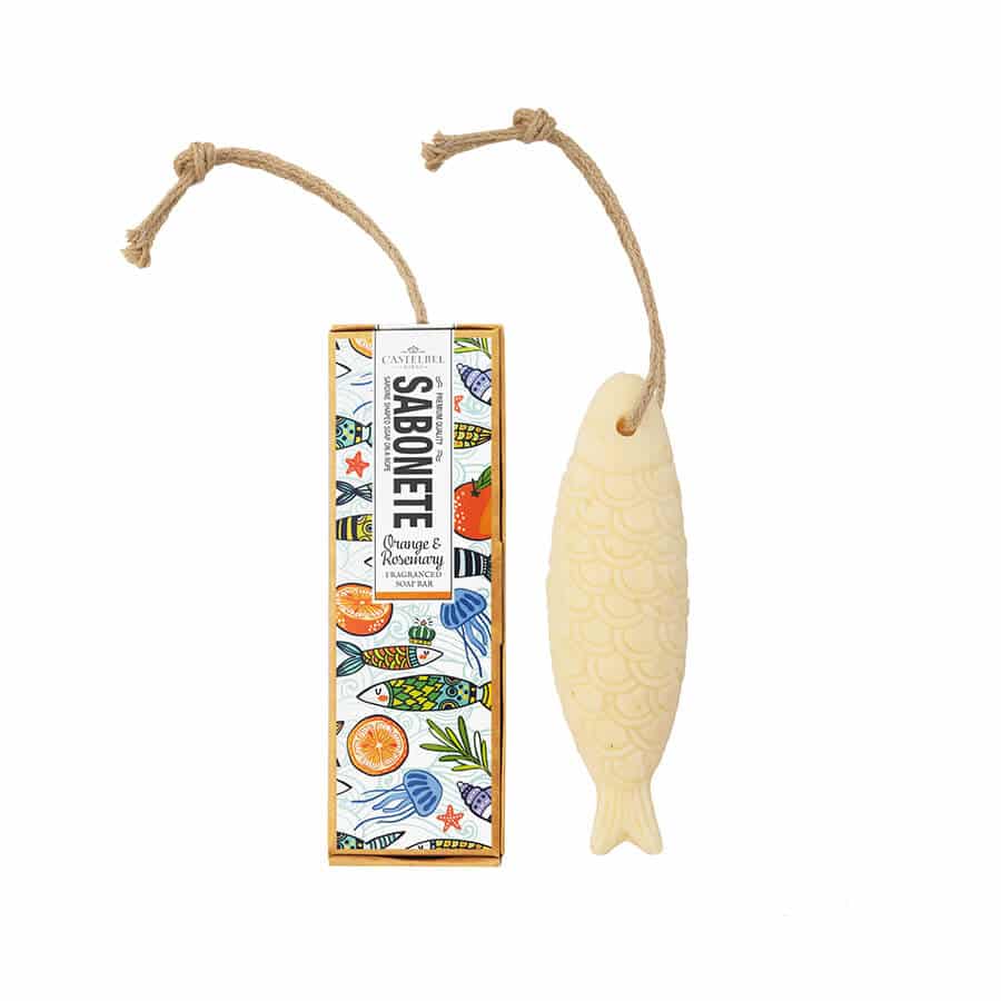 Castelbel Orange & Rosemary Sardine Soap on a Rope, featuring a vibrant design and a convenient hanging rope.