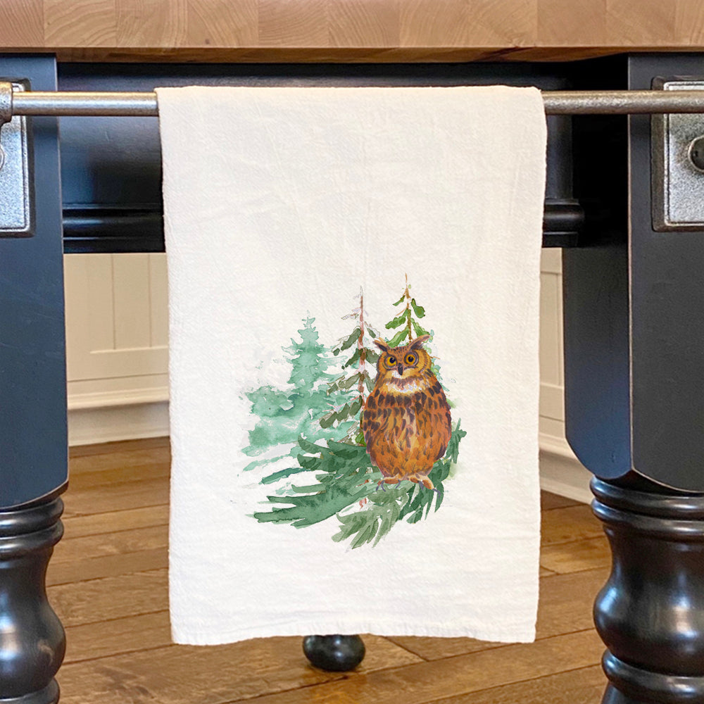 Owl in Forest cotton tea towel featuring a vibrant owl design on a forest background, perfect for kitchen use.
