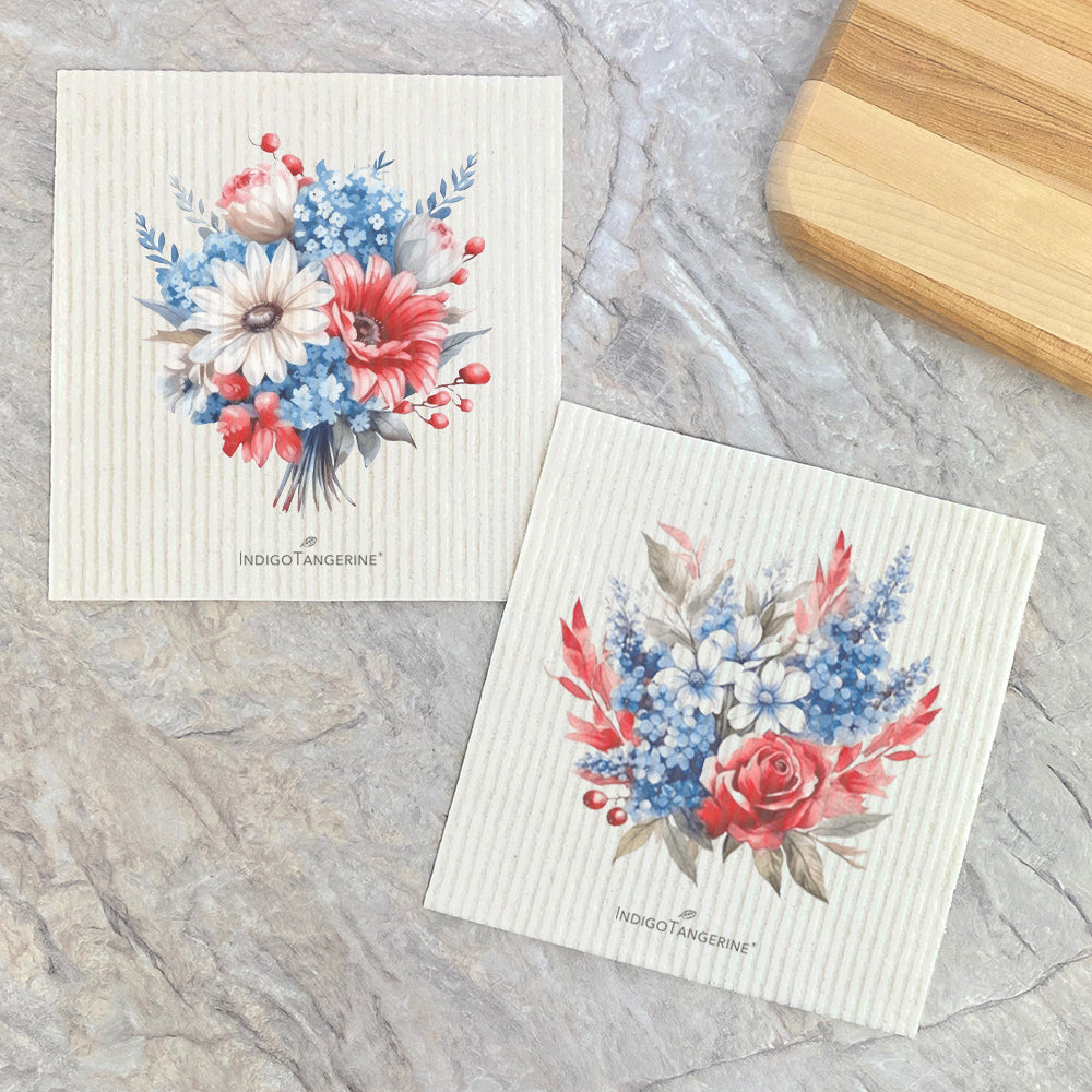 Patriotic Daisy and Rose Bouquet Swedish dishcloths in a vibrant design, eco-friendly and reusable.