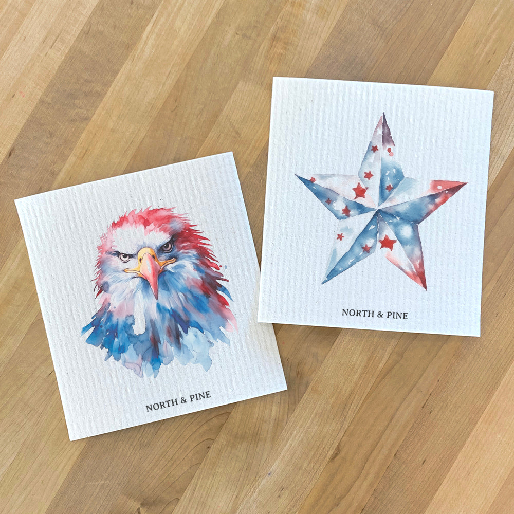 Patriotic Star and Eagle Swedish dish cloths, eco-friendly and reusable, featuring vibrant designs.