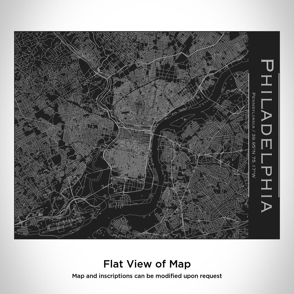 Custom engraved matte black stainless steel bottle featuring a Philadelphia map and bamboo top.