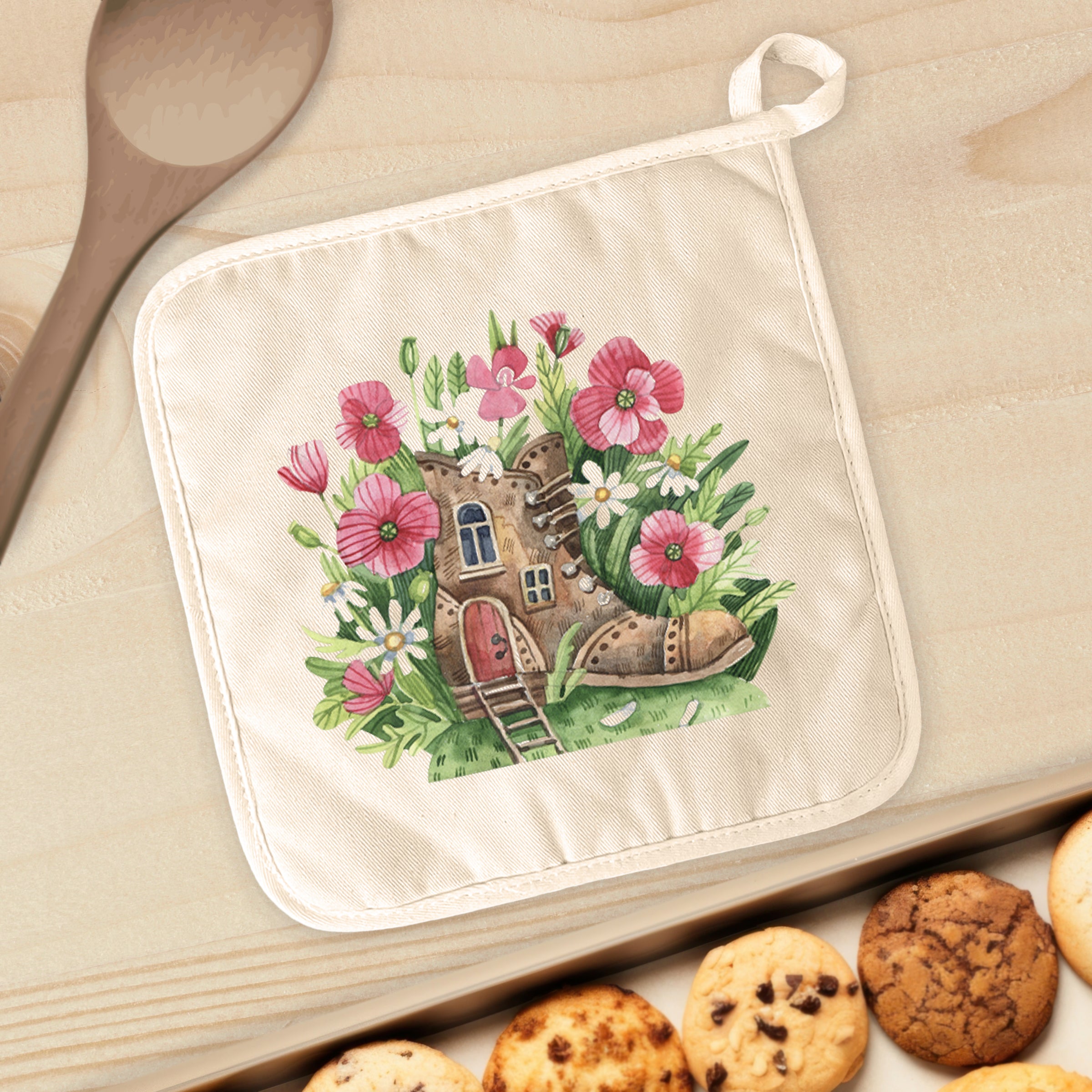 Poppy Boot Fairy House cotton pot holder with vibrant design, perfect for protecting surfaces from hot cookware.