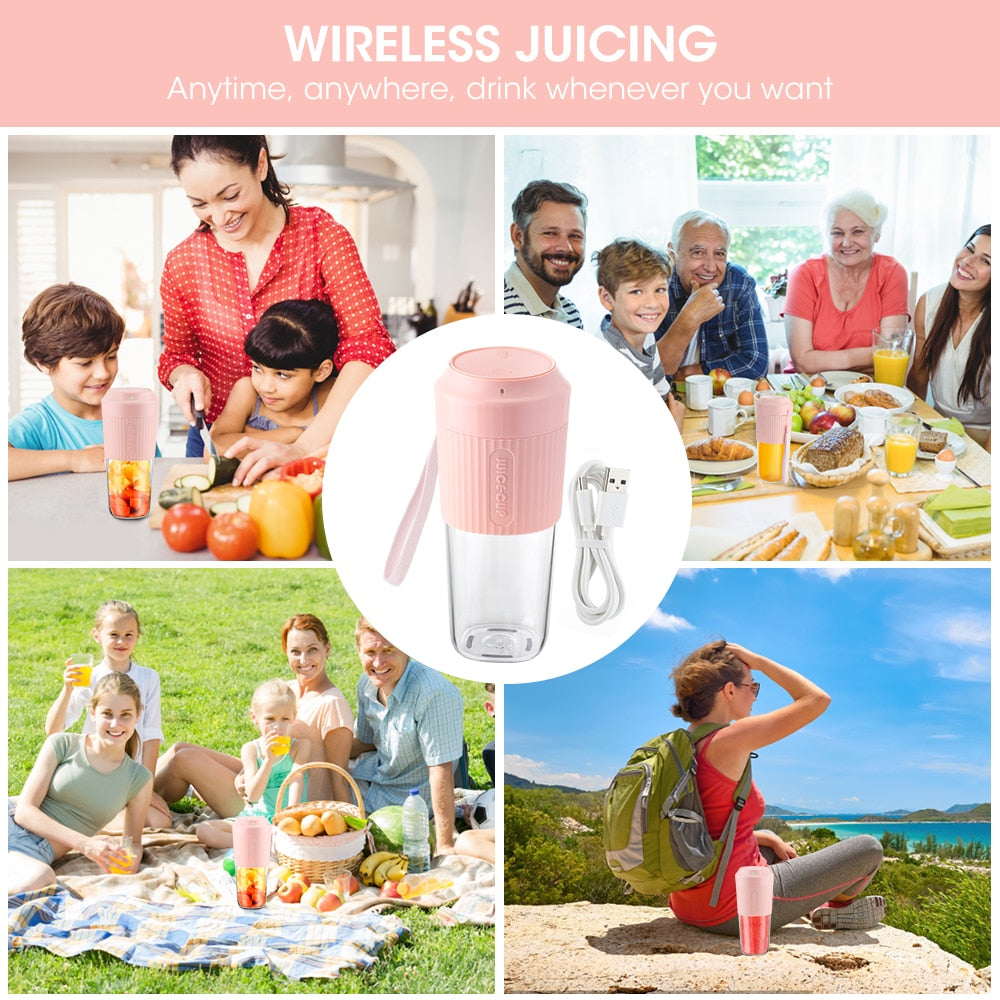 Portable Electric Juicer Cup with USB charging, showcasing its sleek design and stainless steel blade, perfect for smoothies and juices.