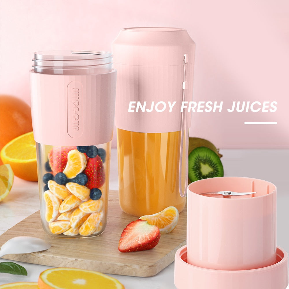 Portable Electric Juicer Cup in vibrant colors with USB charging feature, showcasing its compact design and stainless steel blade.
