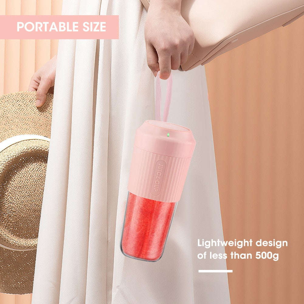 Portable Electric Juicer Cup in vibrant colors with USB charging feature, showcasing its compact design and stainless steel blade.