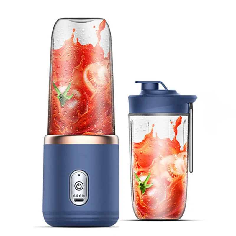 Portable Juicer Blender in pink and blue colors, showcasing its compact design and USB charging feature.