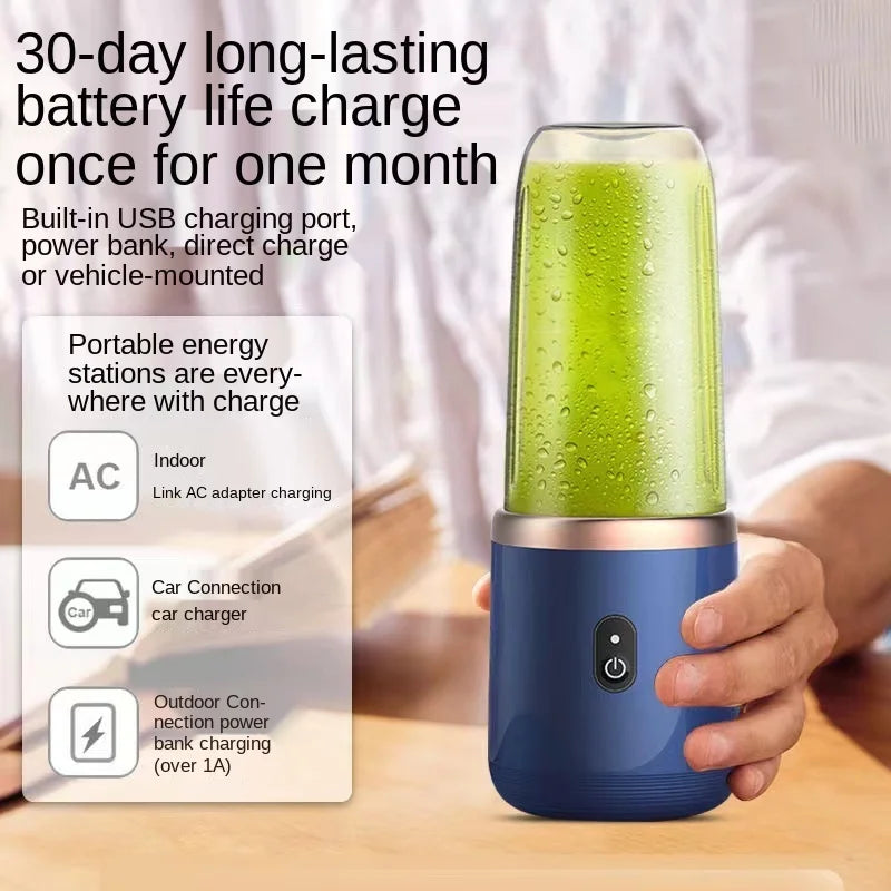 Portable Juicer Blender in pink and blue colors, showcasing its compact design and USB charging feature.