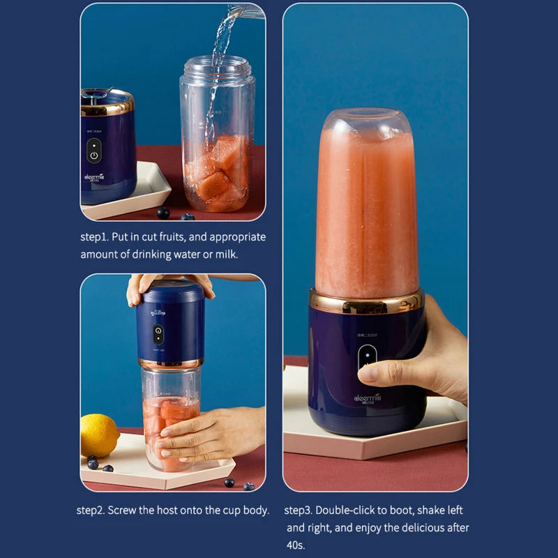 Portable Juicer Blender in pink and blue colors, showcasing its compact design and USB charging feature.