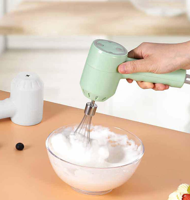 Portable Mini Wireless Electric Egg Beater with USB charging, featuring stainless steel stirrers and a lightweight design for easy mixing.