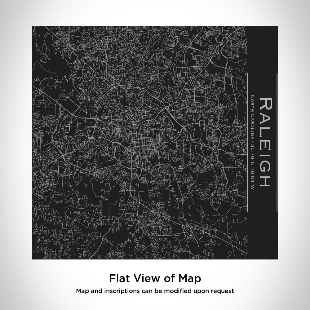 Custom engraved Raleigh, North Carolina map tumbler in matte black, showcasing coordinates and a sleek design.