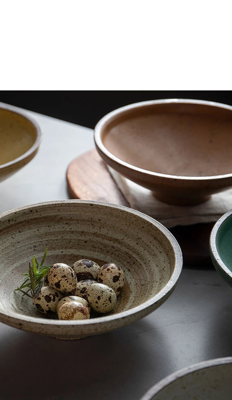 Handmade Japanese ramen bowl in green and beige colors, showcasing artisanal craftsmanship and traditional design.