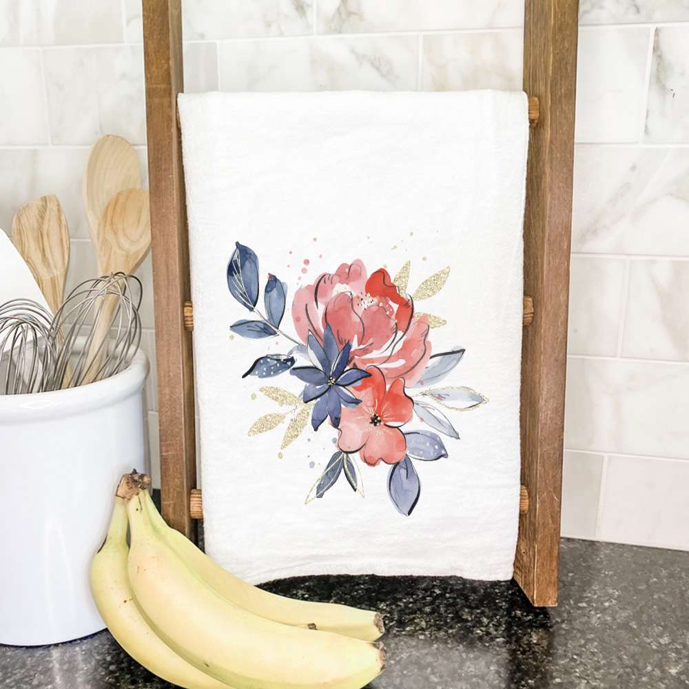 A vibrant Red and Blue Bouquet cotton tea towel featuring a floral design, perfect for kitchen use.