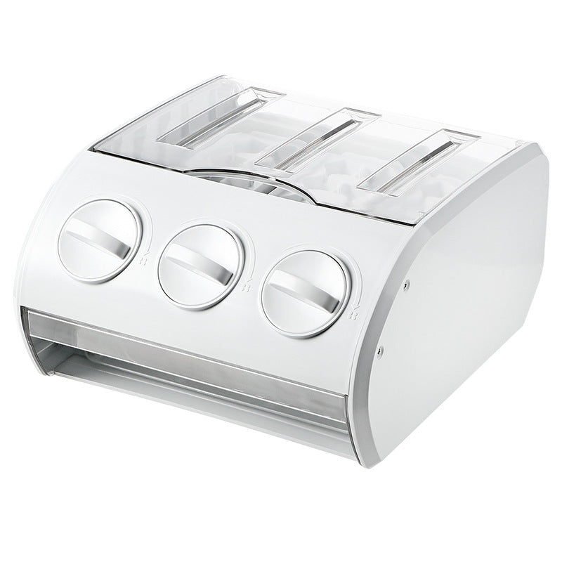 Refrigerator Storage Drawer featuring a 30-grid small ice cube mould in a sleek white design, showcasing its innovative drawer mechanism.