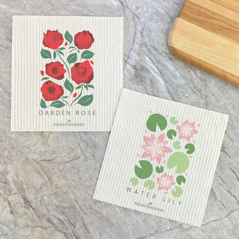 Eco-friendly Swedish dish cloths featuring Rose and Water Lily designs, made from plant-based fibers.