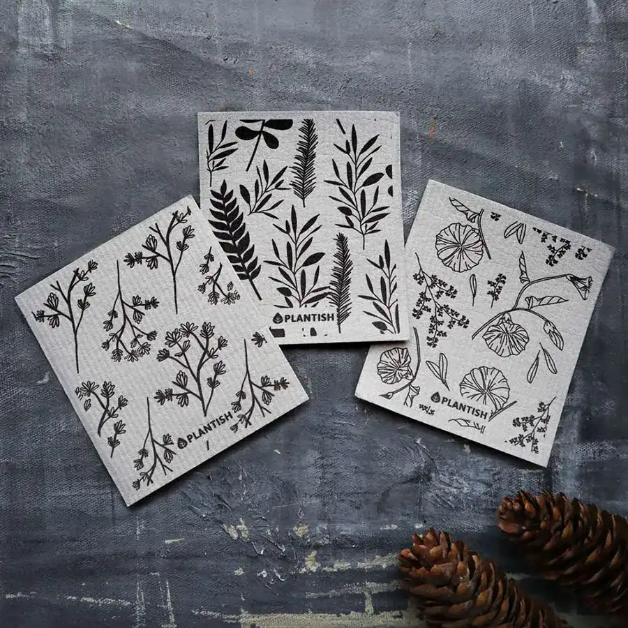 Rosemary and Thyme Swedish Sponge Cloth in minimalist grey design, ideal for eco-friendly cleaning.