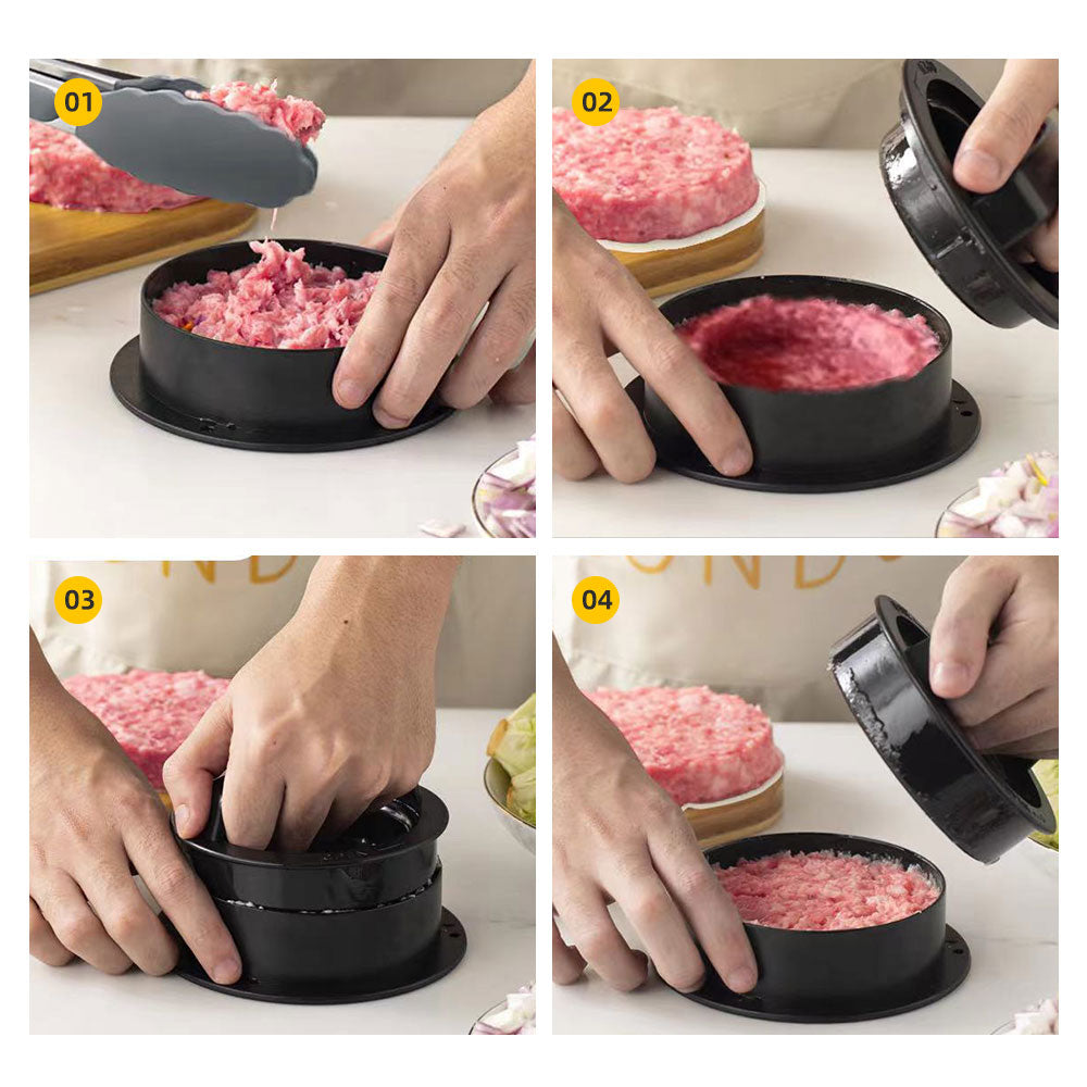 Round Hamburger Meat Press Maker with non-stick coating and removable bottom for perfect patties.