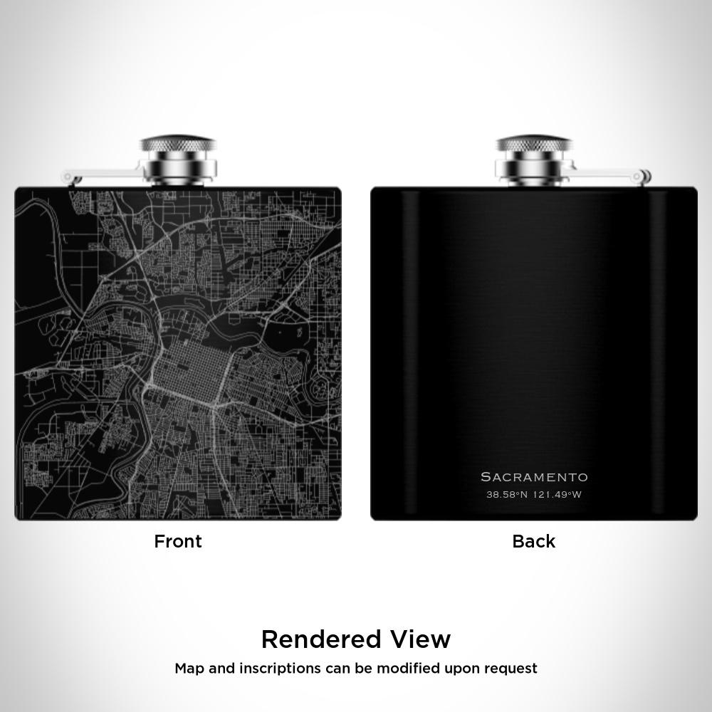 Matte black hip flask featuring a custom engraved map of Sacramento, California with coordinates, accompanied by a canvas bag and funnel.