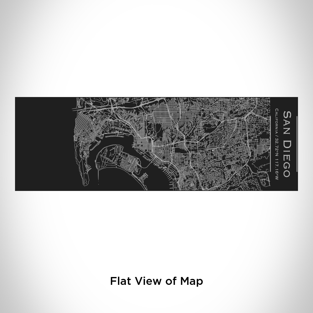 Matte black insulated cup featuring a custom engraved map of San Diego, California with coordinates.