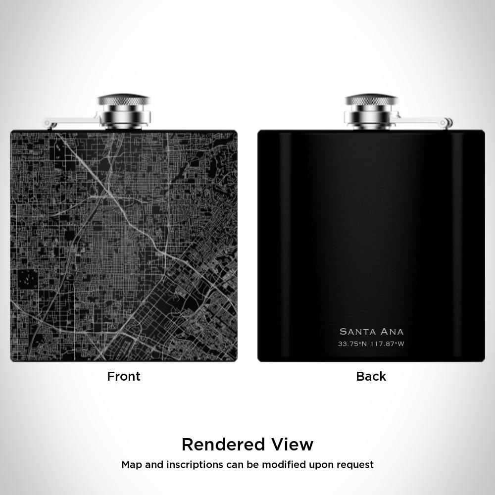 Matte black hip flask featuring a custom engraved map of Santa Ana, California with coordinates, accompanied by a canvas bag and funnel.