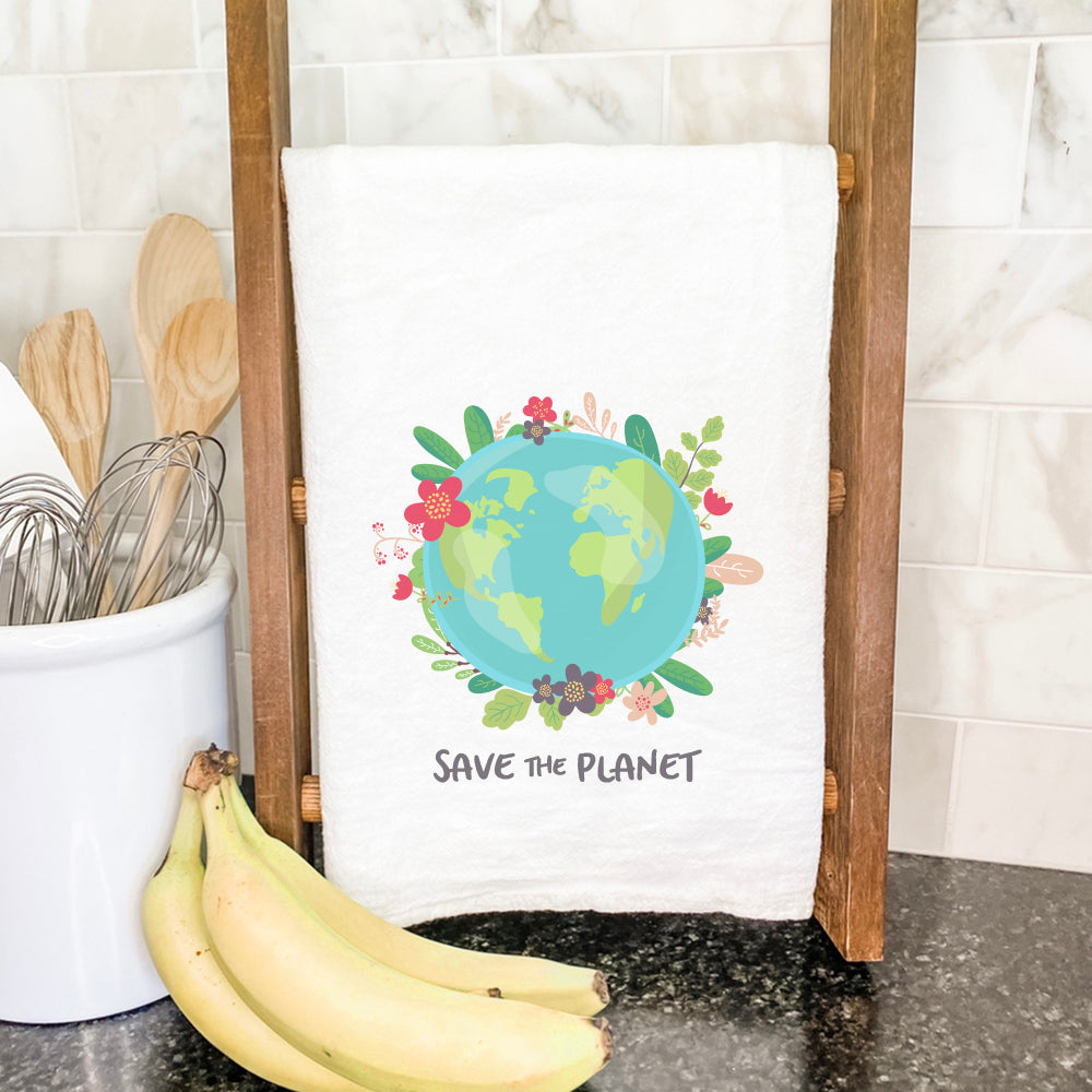 Save the Planet cotton tea towel featuring a vibrant eco-friendly design, made from 100% absorbent cotton, perfect for kitchen use.