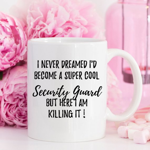 A white ceramic mug featuring a funny design for security guards, showcasing vibrant colors and printed on both sides.