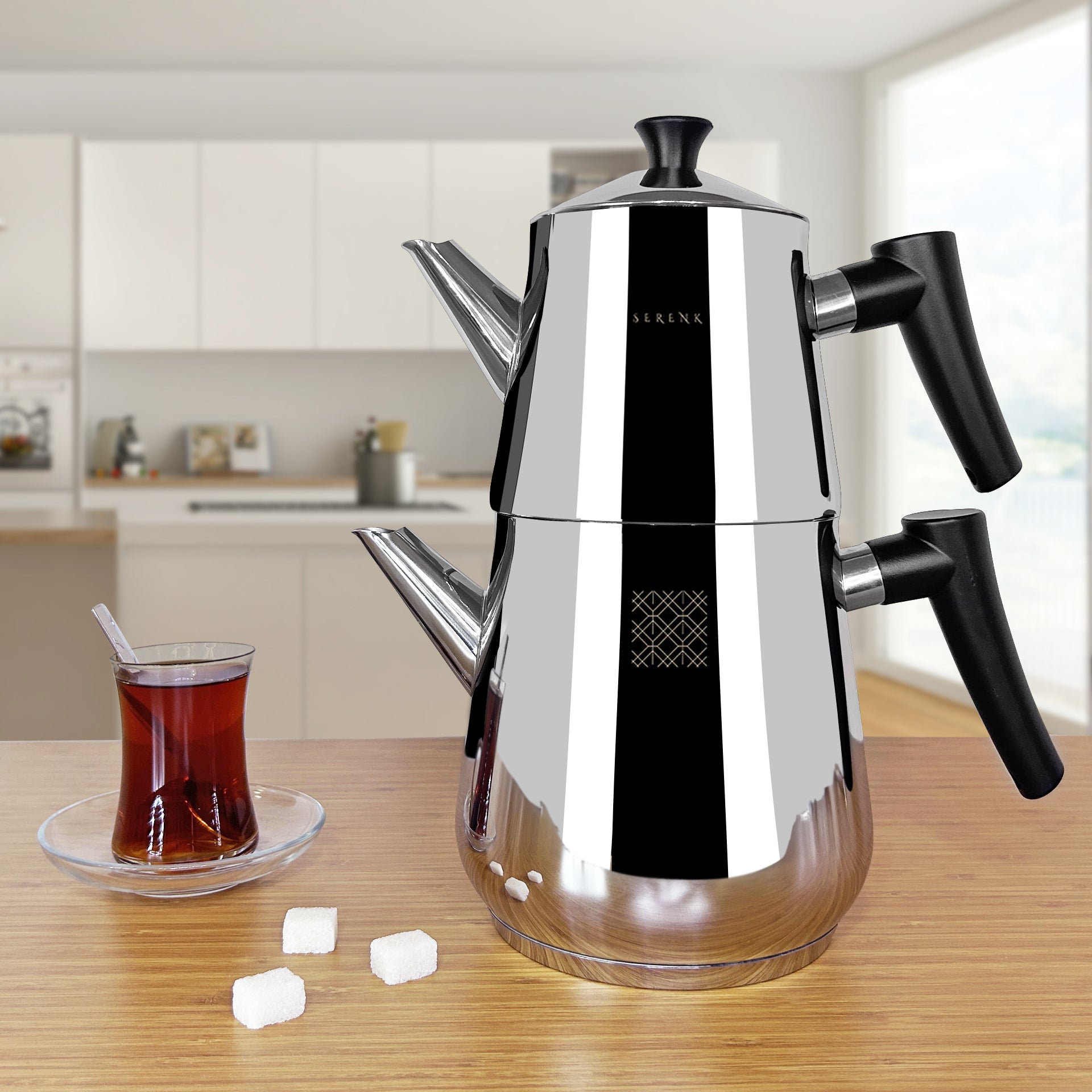 Serenk Türkisches Teekanne-Set aus Edelstahl mit Teekanne und Teekessel in elegantem Design, ideal für Teeliebhaber.