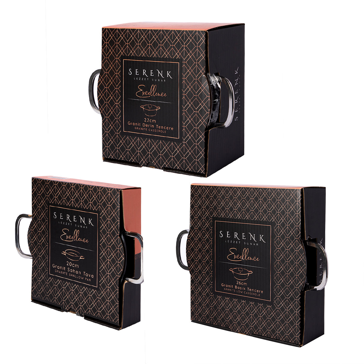 Serenk Excellence Topfset, 5-teilig, bestehend aus Servierpfanne, Schmortopf und Sahan, aus hochwertigem Granit mit PTFE-Beschichtung.
