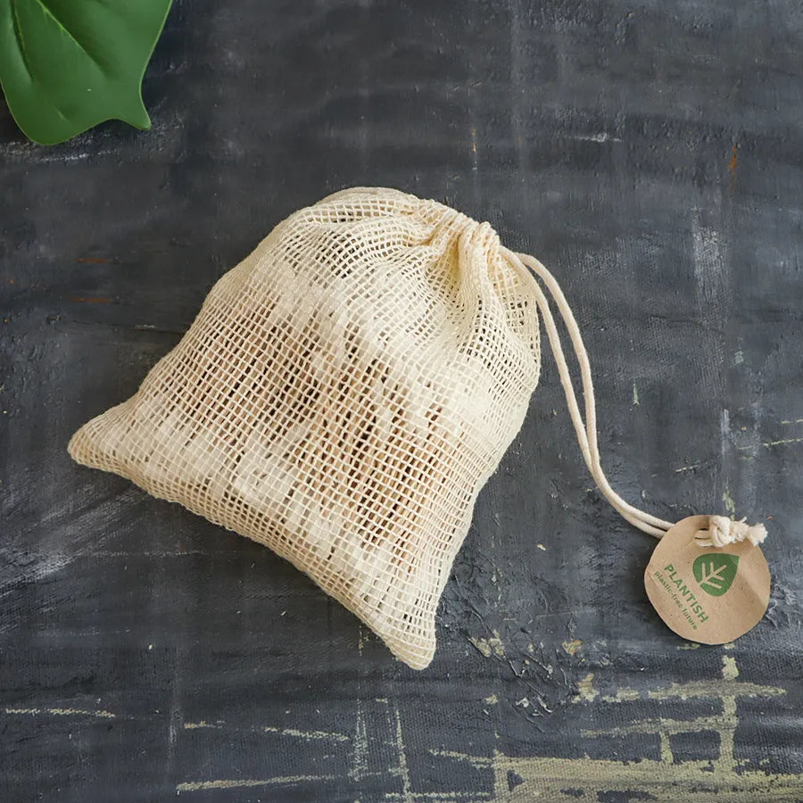 Set of 2 Organic Mesh Bags made from organic cotton, featuring a drawstring closure for secure storage.