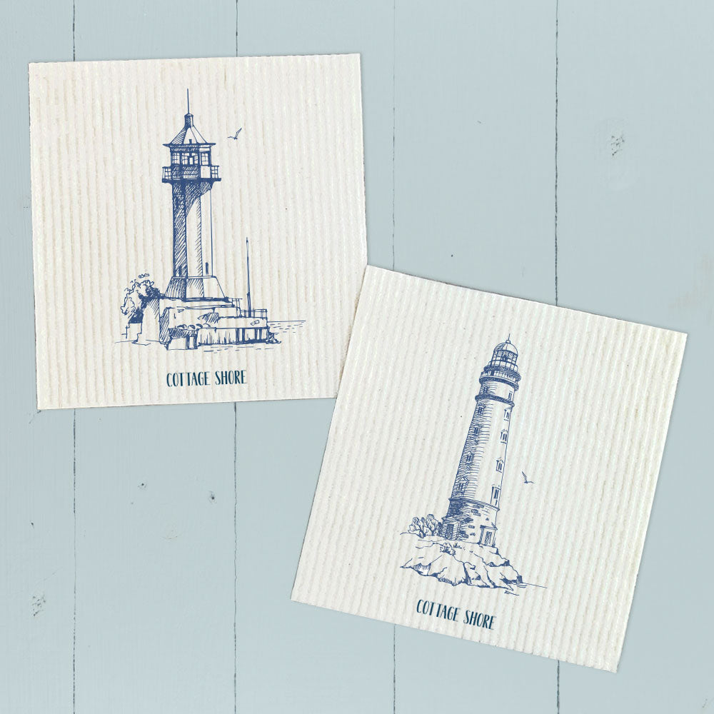 Two eco-friendly Swedish dish cloths featuring sketched lighthouses, made from plant-based fibers.