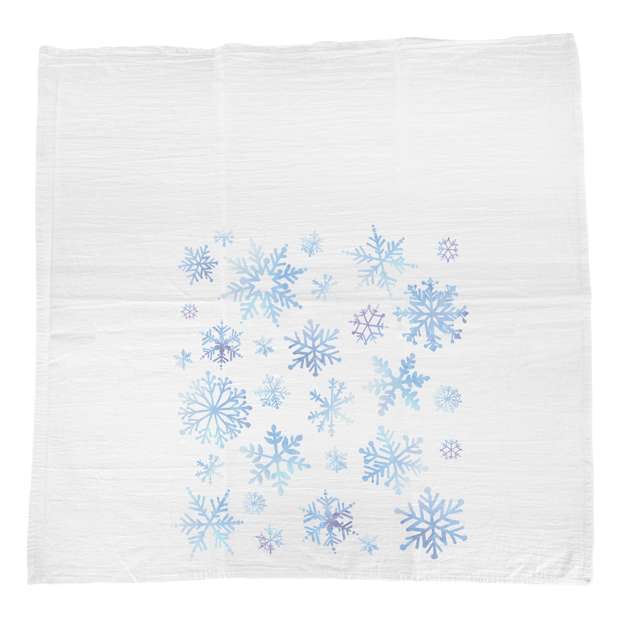 A beautifully designed cotton tea towel featuring a snowflakes pattern, showcasing vibrant colors and hemmed edges, perfect for kitchen use.