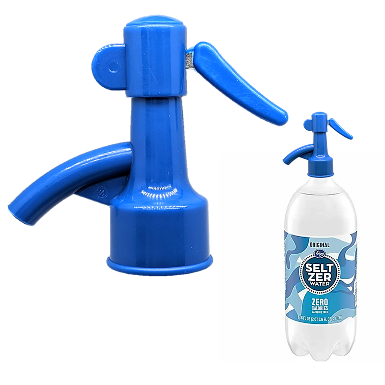 Blue seltzer water dispenser pump.