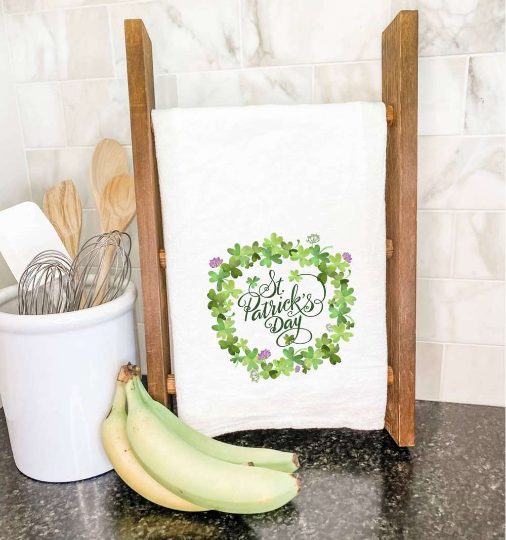 St. Patrick's Day Wreath cotton tea towel featuring vibrant green and gold designs, perfect for festive kitchen decor.