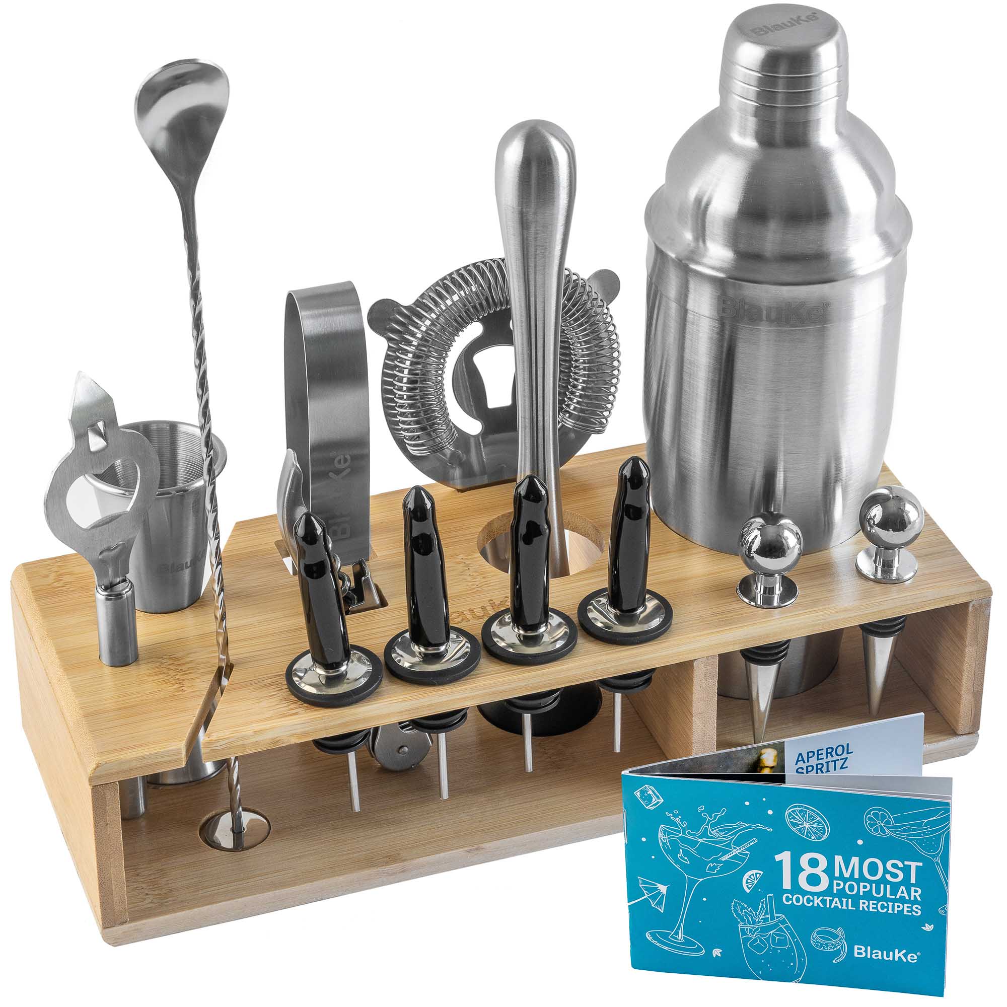 A complete 17-piece stainless steel cocktail shaker set displayed on an elegant bamboo stand, showcasing various bar tools including a shaker, jigger, and strainer.