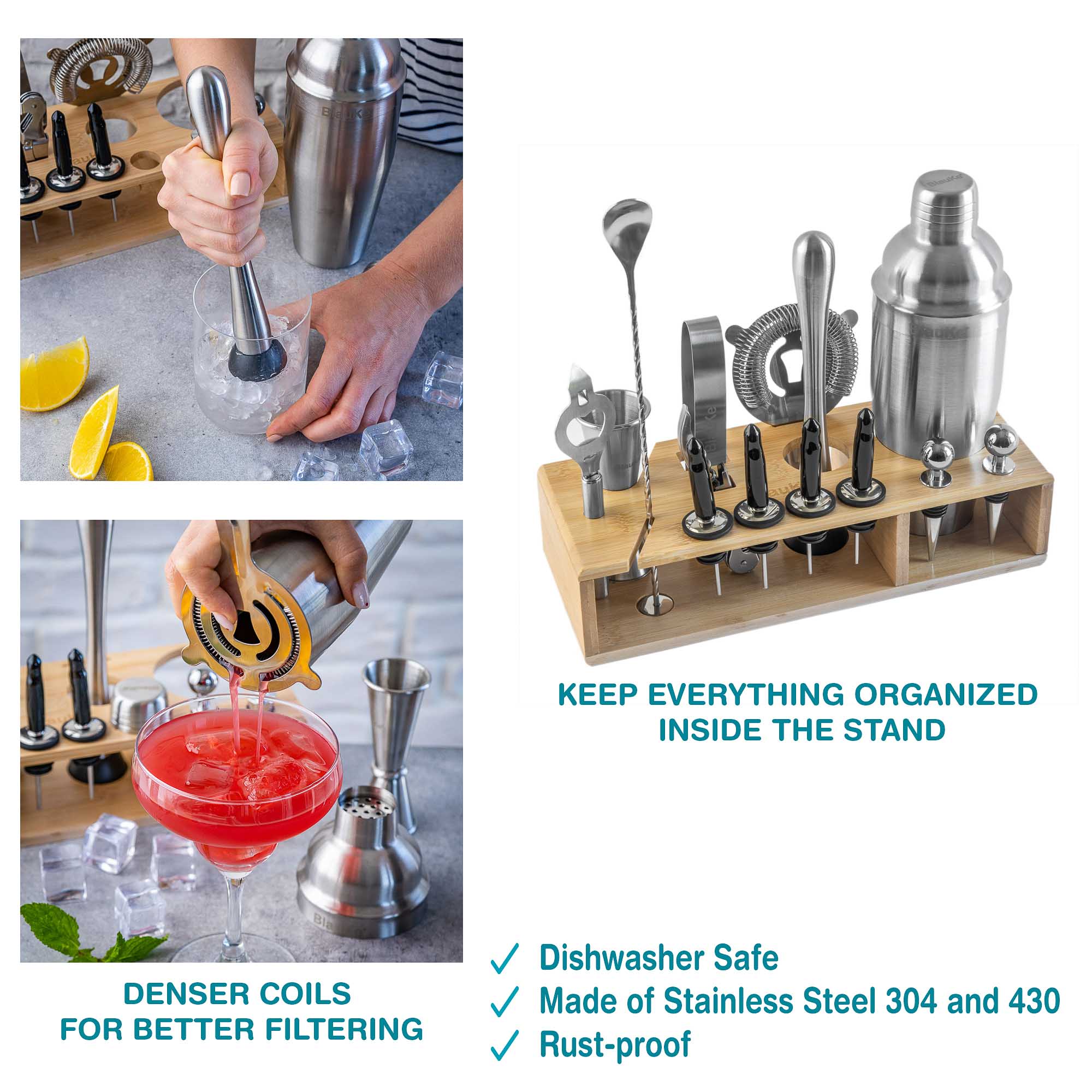 A complete 17-piece stainless steel cocktail shaker set displayed on an elegant bamboo stand, showcasing various bar tools including a shaker, jigger, and strainer.