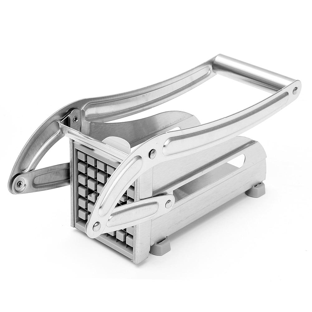 Stainless steel potato slicer with two blades, ideal for making French fries and vegetable strips in a kitchen setting.