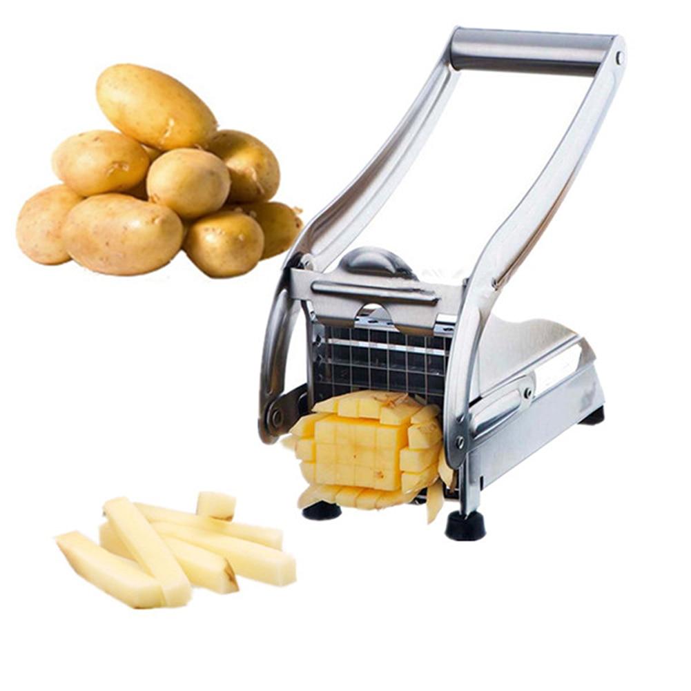 Stainless steel potato slicer with two blades, ideal for making French fries and vegetable strips in a kitchen setting.