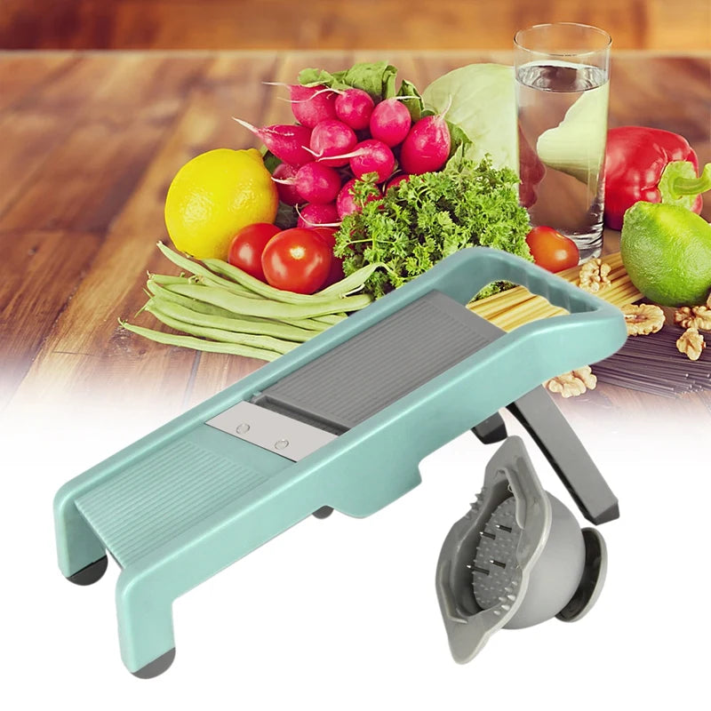 A green stainless steel onion chopper with a vegetable cutter and fixer, designed for easy slicing and dicing of vegetables.