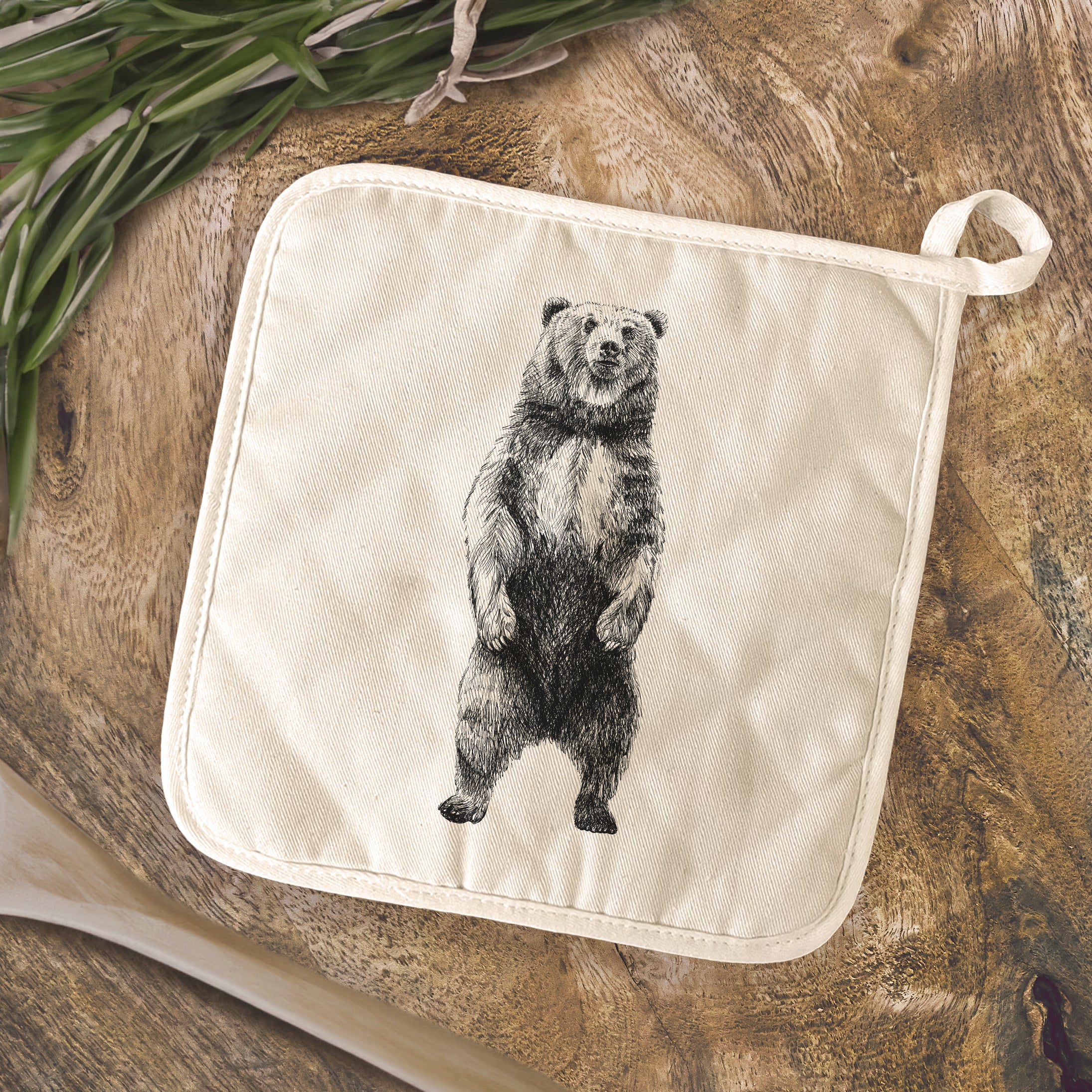 Standing Bear Sketch Cotton Pot Holder featuring a unique bear design, made from durable cotton and terry cloth, ideal for protecting surfaces.
