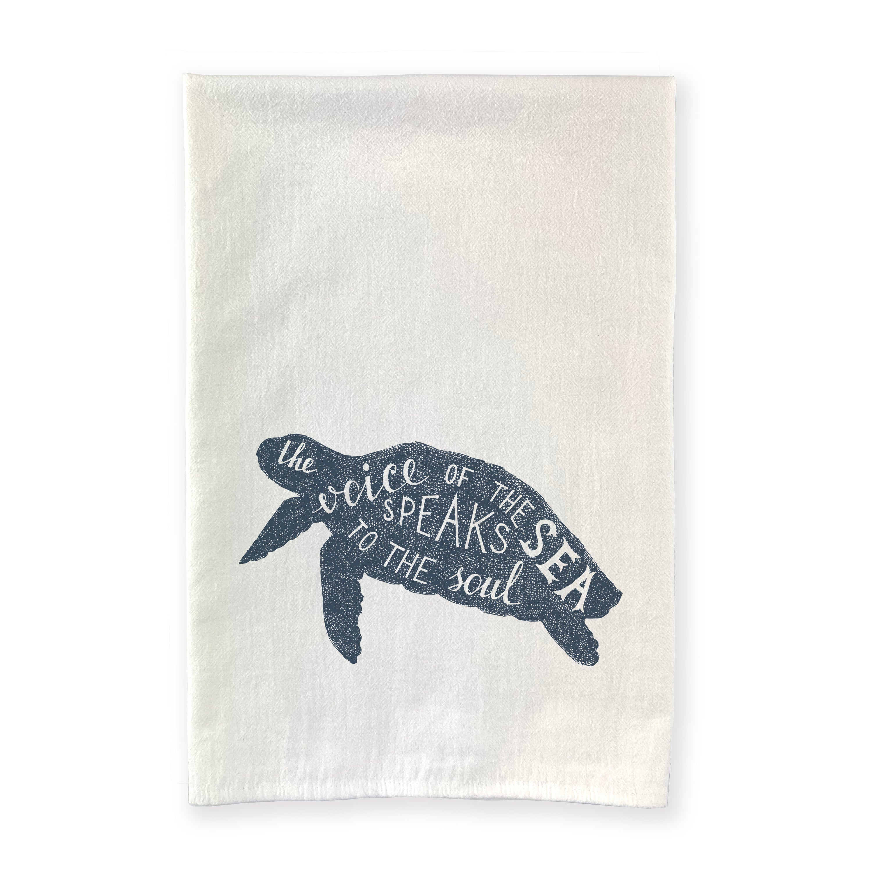 A vibrant cotton tea towel featuring a turtle design, showcasing its absorbent texture and flour sack style.