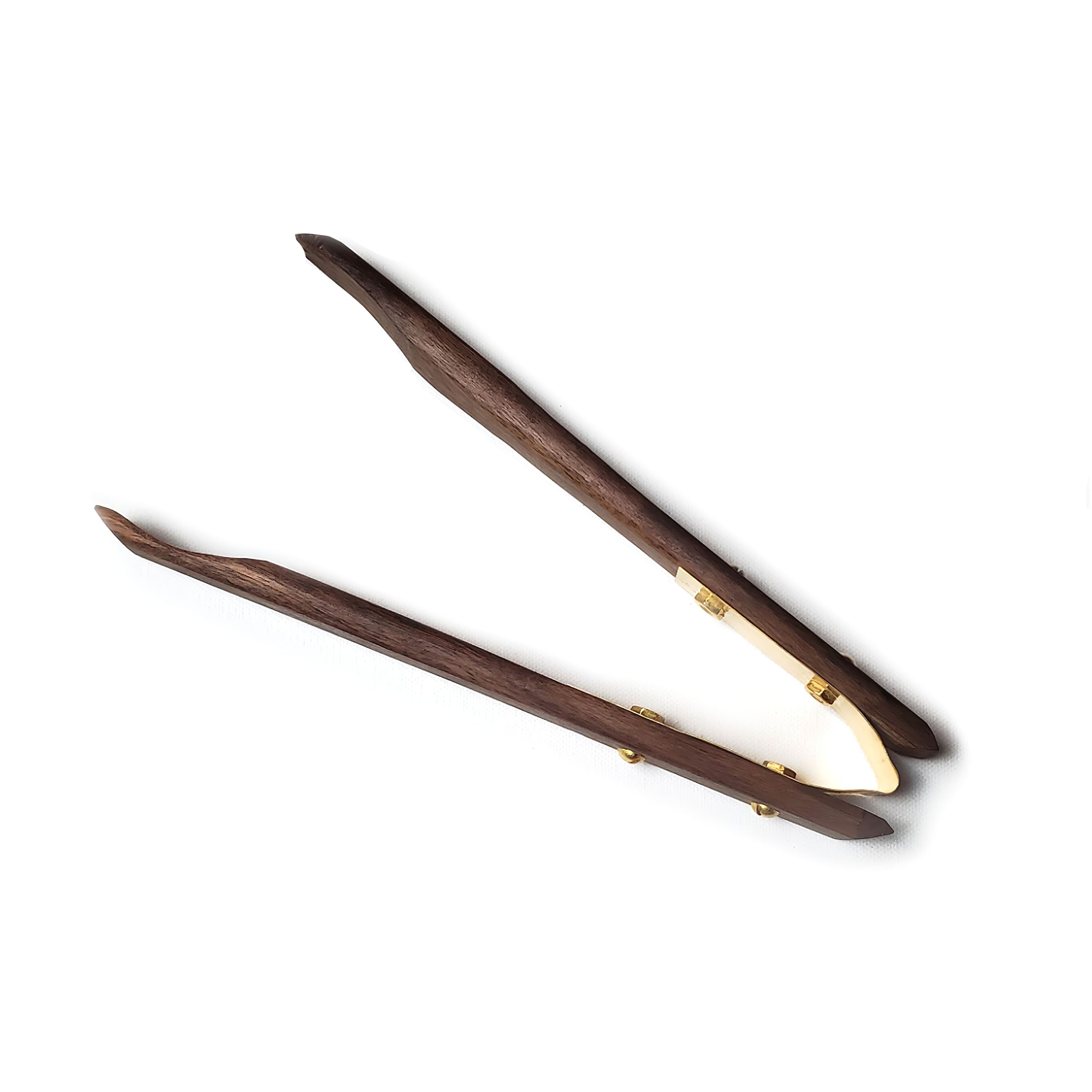 10-inch walnut and brass tongs designed for kitchen use, featuring grip ends with teeth for better food handling.