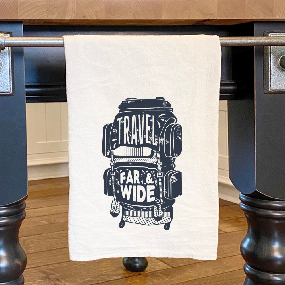 Travel Far and Wide Backpack cotton tea towel featuring vibrant designs and hemmed edges, perfect for kitchen use.
