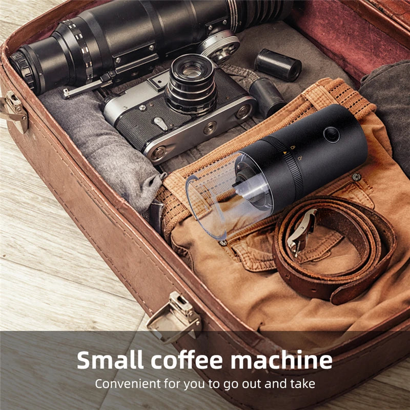 Portable Electric Coffee Grinder with TYPE-C USB charging, featuring a ceramic grinding core and adjustable thickness control.