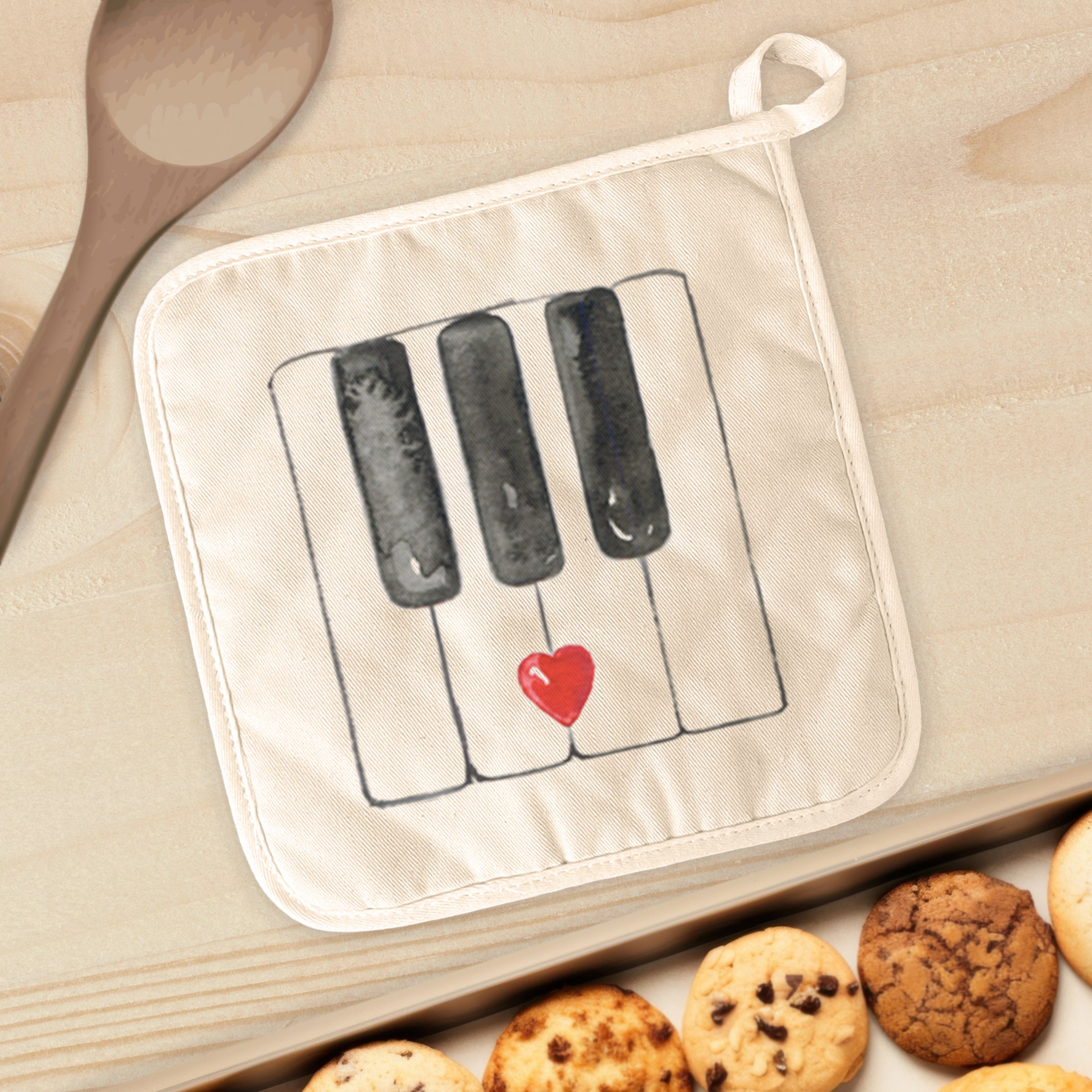 Valentine's Piano Keys cotton pot holder featuring a vibrant design, perfect for protecting countertops from hot cookware.